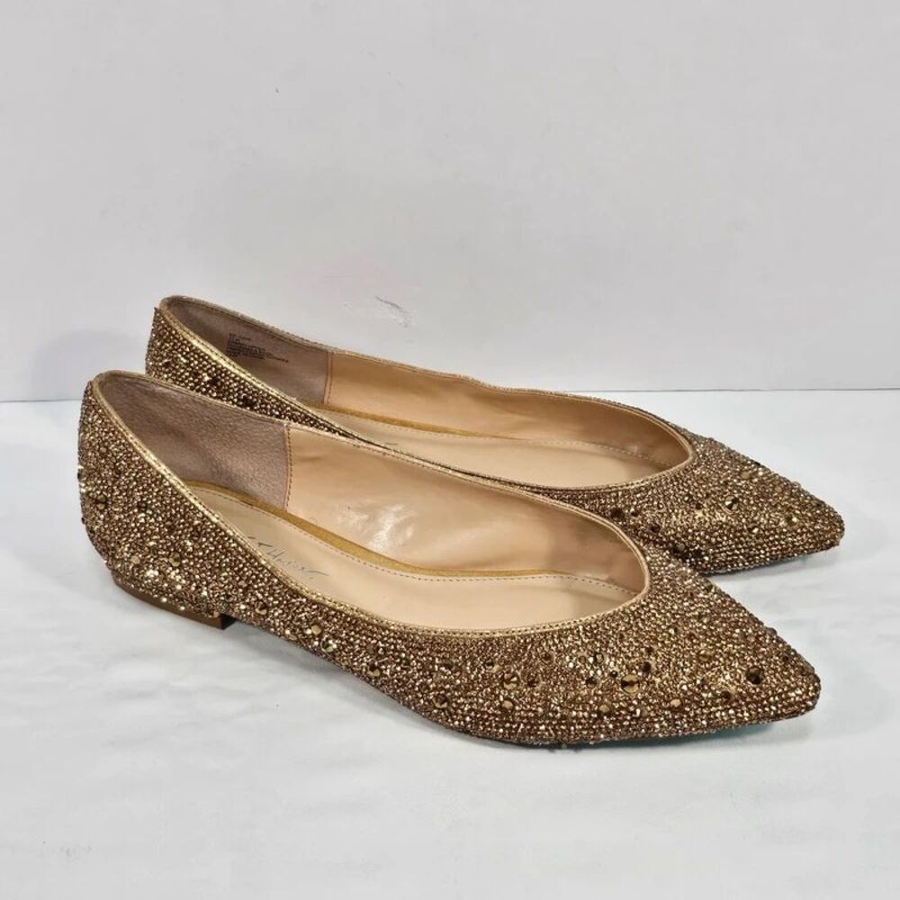 Betsey Johnson Jude Gold Rhinestone Pointed Toe Flats Size 11 M Glam Party